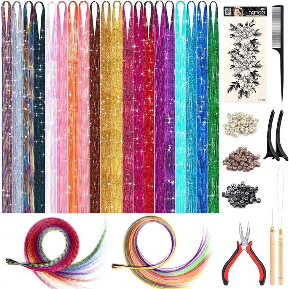 Hair Tinsel with Feathers Kit 20 Colors 48 Inch Rainbow Extensions for Women